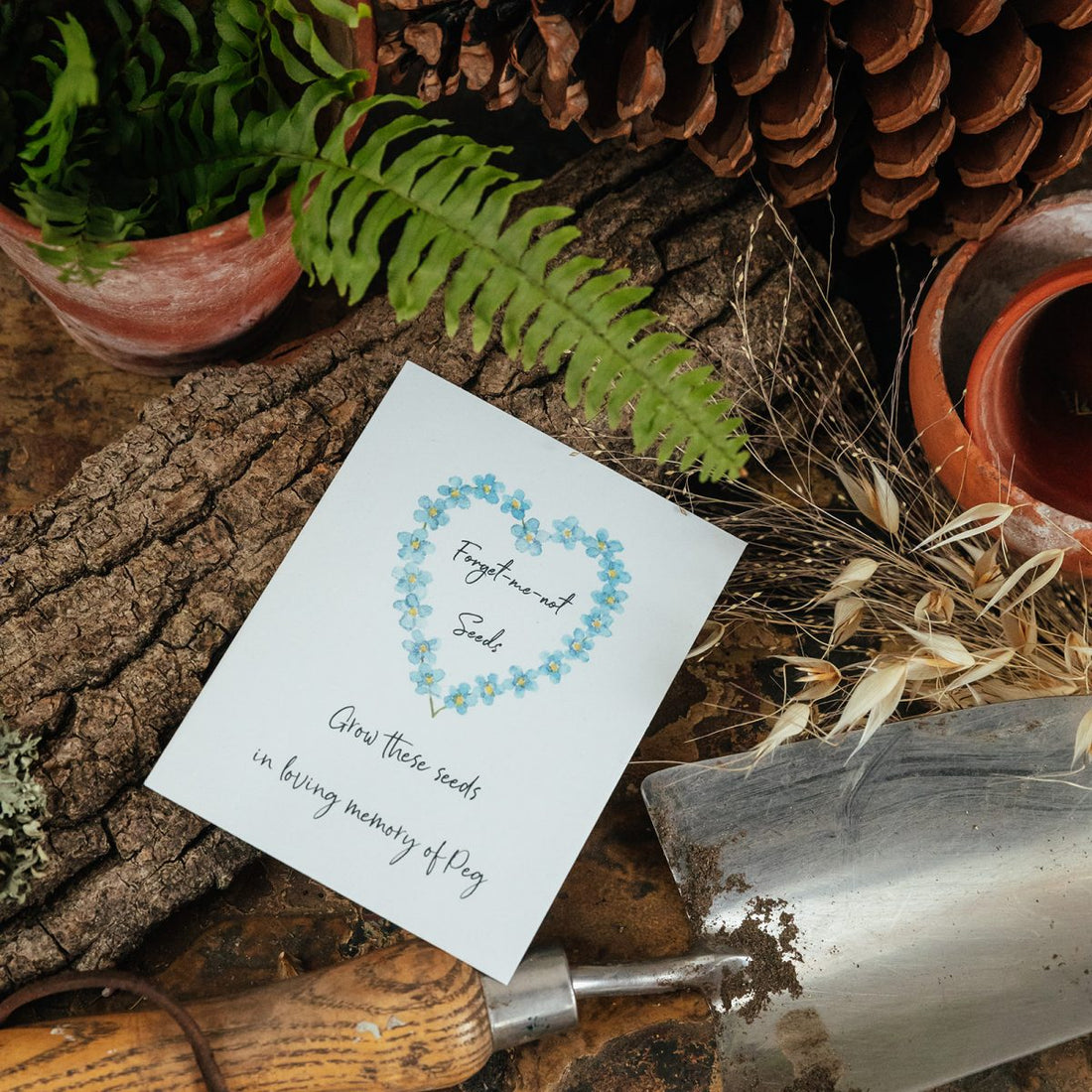 a seed packet with forget me not seeds and a blue flower heart and loving message set on a background of natural elements like a log, fern leaf and pinecone.