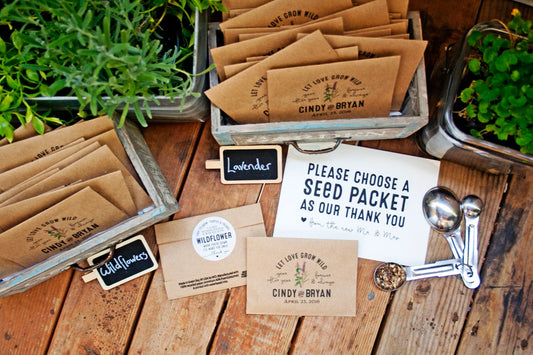 A wooden table top with green plants and several rustic pins filled with brown paper seed packets. A sign reads, please choose a seed packet as our thank you.