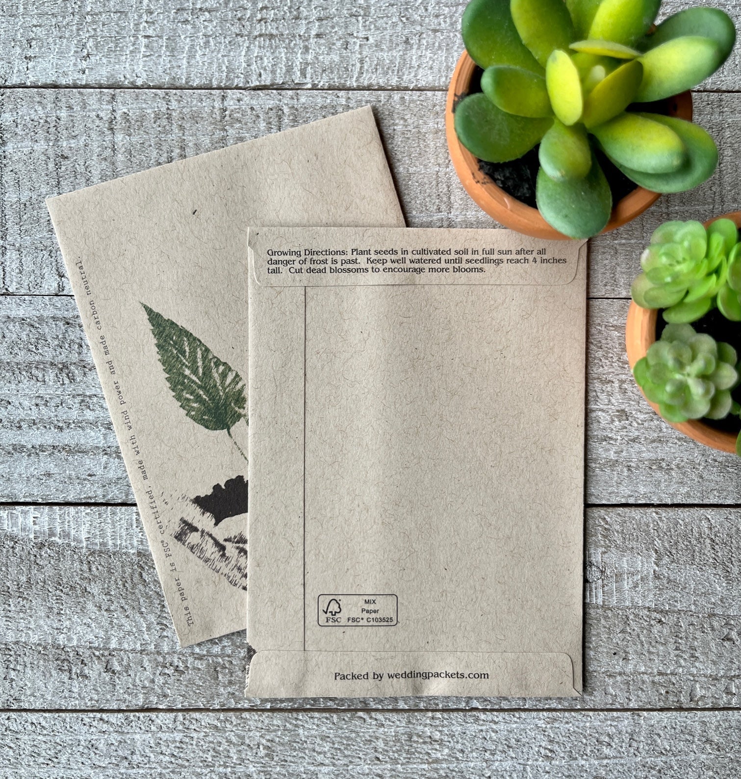 A front and back view of a brown seed packet, the back view showing planting instructions.