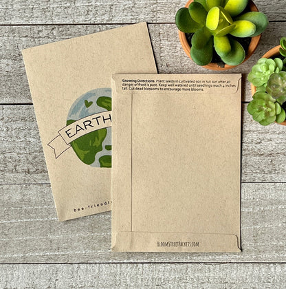 A front and back view of a brown seed packet, the back view showing planting instructions.