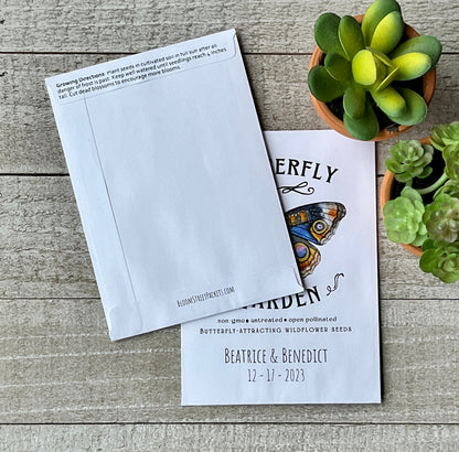 A front and back view of a white seed packet with the back view showing planting instructions.