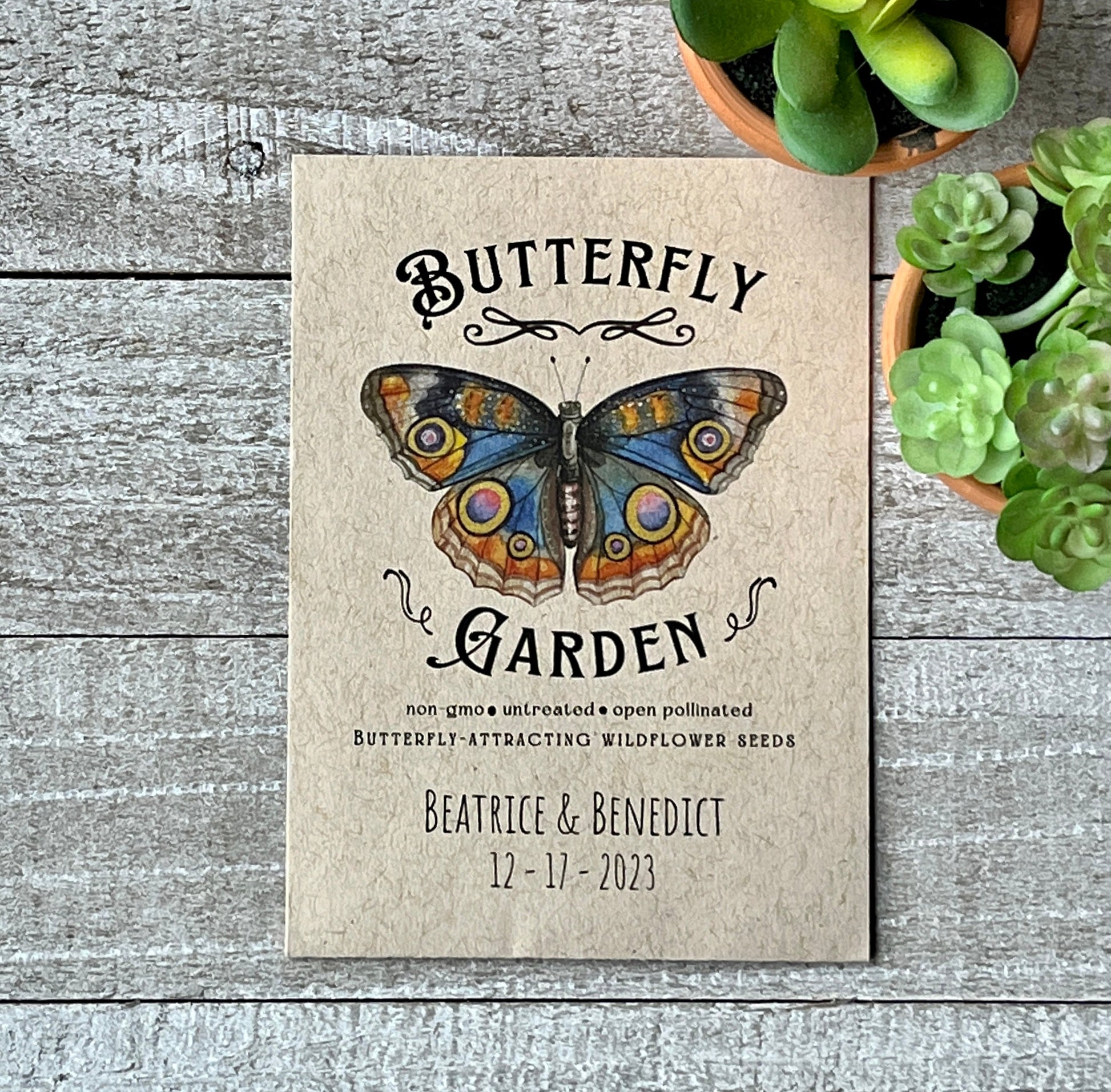 A brown seed packet with a full color illustration of a butterfly and the words Butterfly Garden.