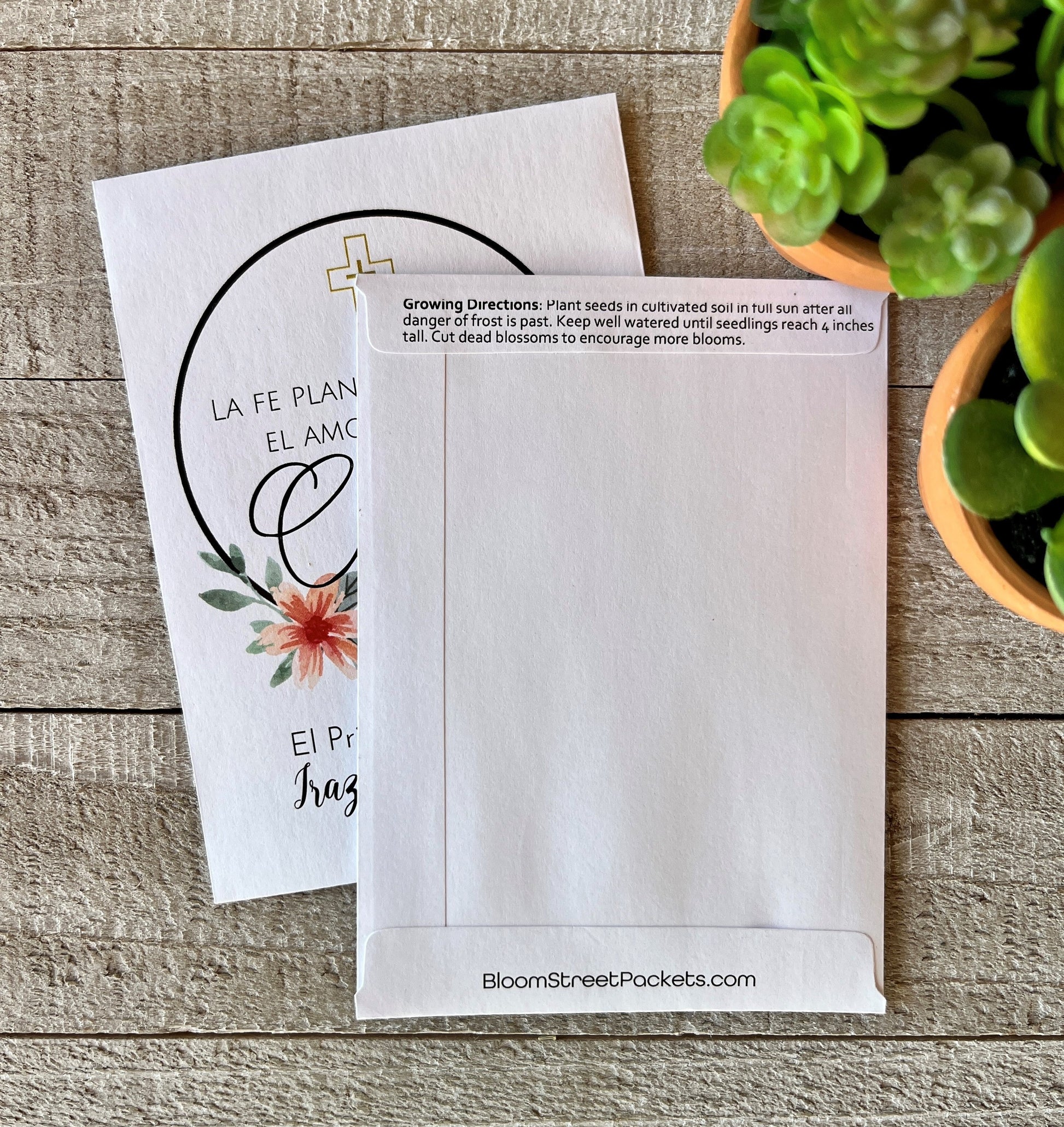 A front and back view of a white seed packet, the back view showing planting instructions.